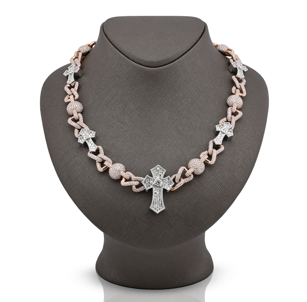 10K Rose/White Gold 2 Tone 28CT Natural Diamond ROund/Baguette Cross & Infinity Link Chain 22" Necklace — view 1