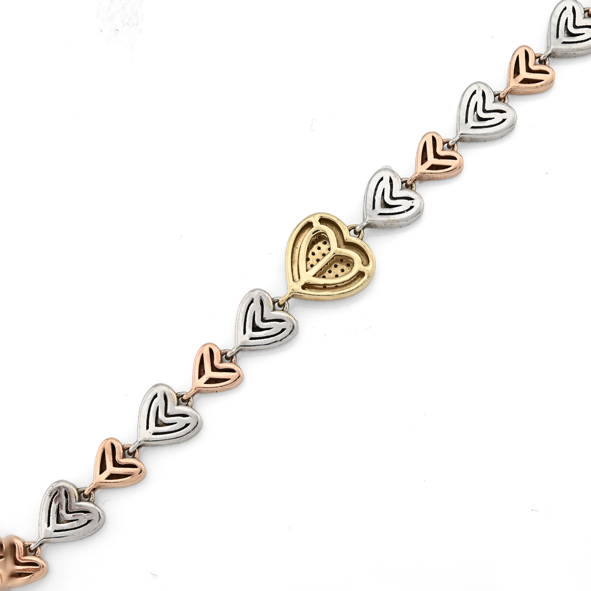 10K Yellow, White & Rose Gold 3 Tone 2CT Natural Diamond Heart Bracelet — view 3