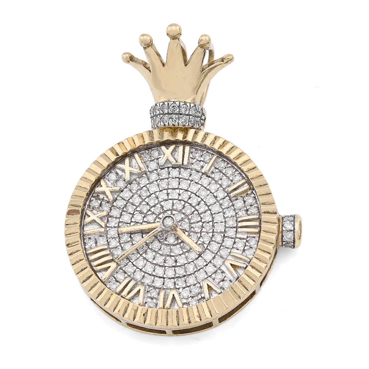 10K Yellow Gold 1Ct Natural Diamond 1Ct Clock Roman Dial Crown Pendant Men Women Charm — view 1