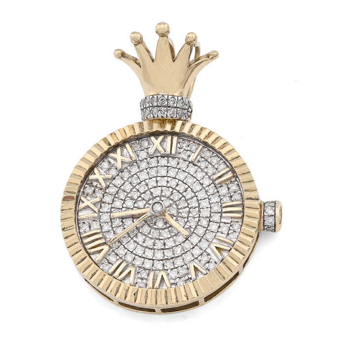 10K Yellow Gold 1Ct Natural Diamond 1Ct Clock Roman Dial Crown Pendant Men Women Charm — view 1