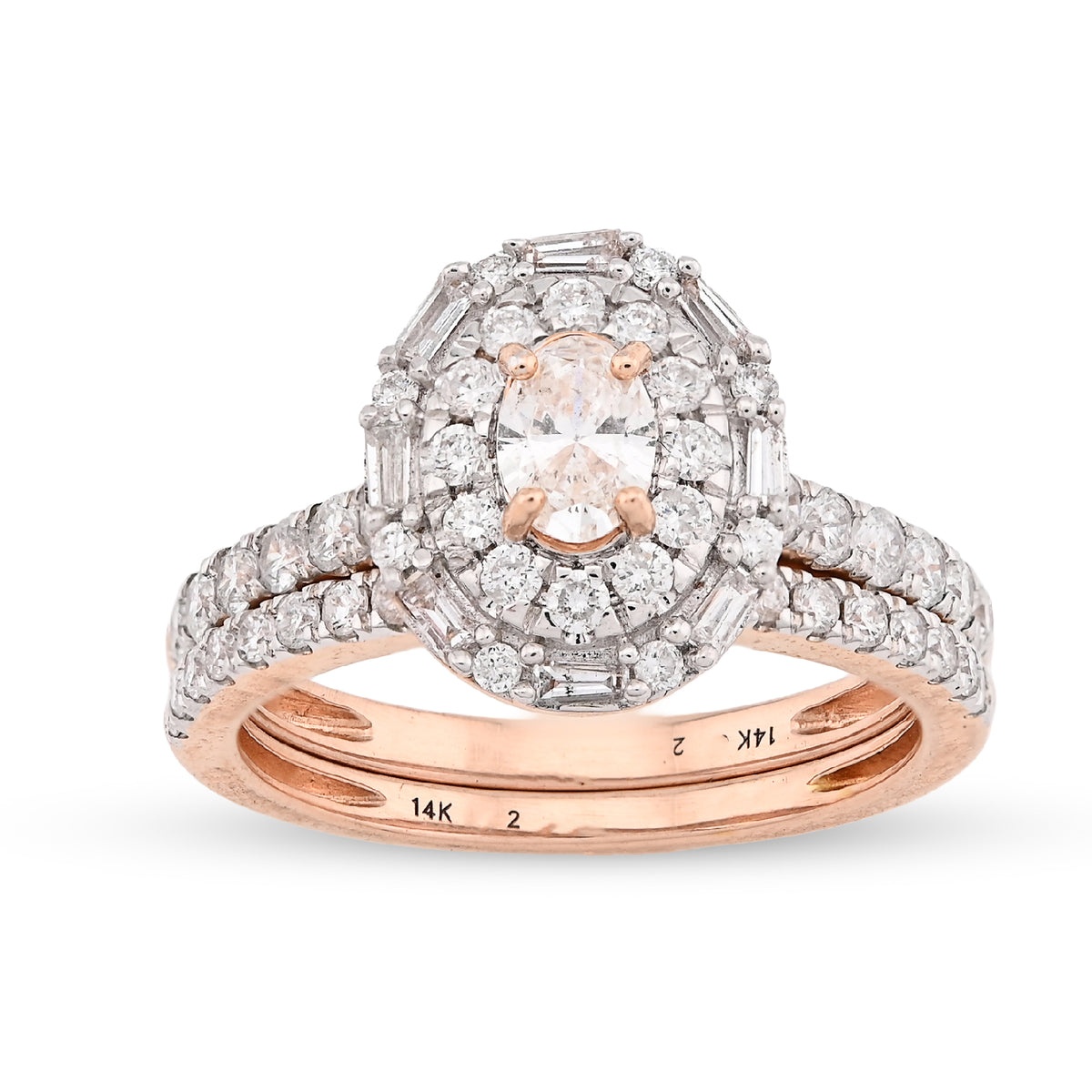 14K Rose Gold Oval Solitaire & Baguette 1.25CT Natural Diamond Bridal WOmen RIng — view 6