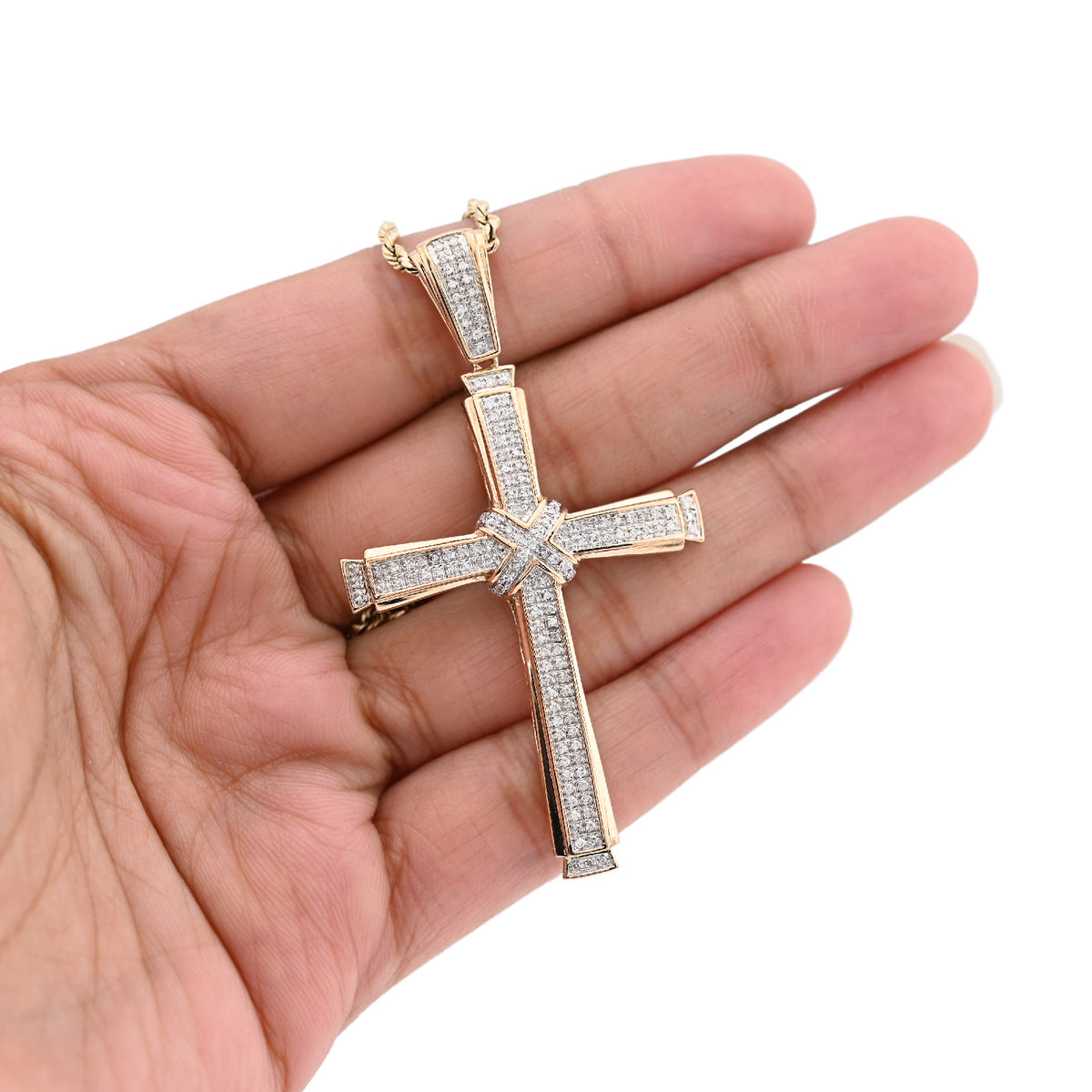 10K Yellow Gold 1.75CT Natural Diamond Cross Religious Charm Men Women Pendant 2.4" — view 4