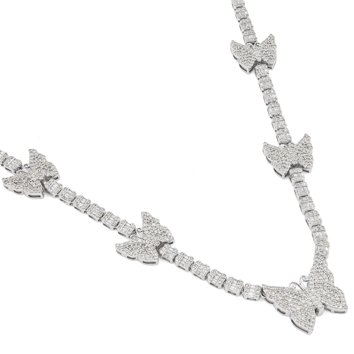 10K White Gold 5.48 CT Round & baguette Natural Diamond Butterfly Tennis Chain 18" Women Necklace 26.5 g — view 8
