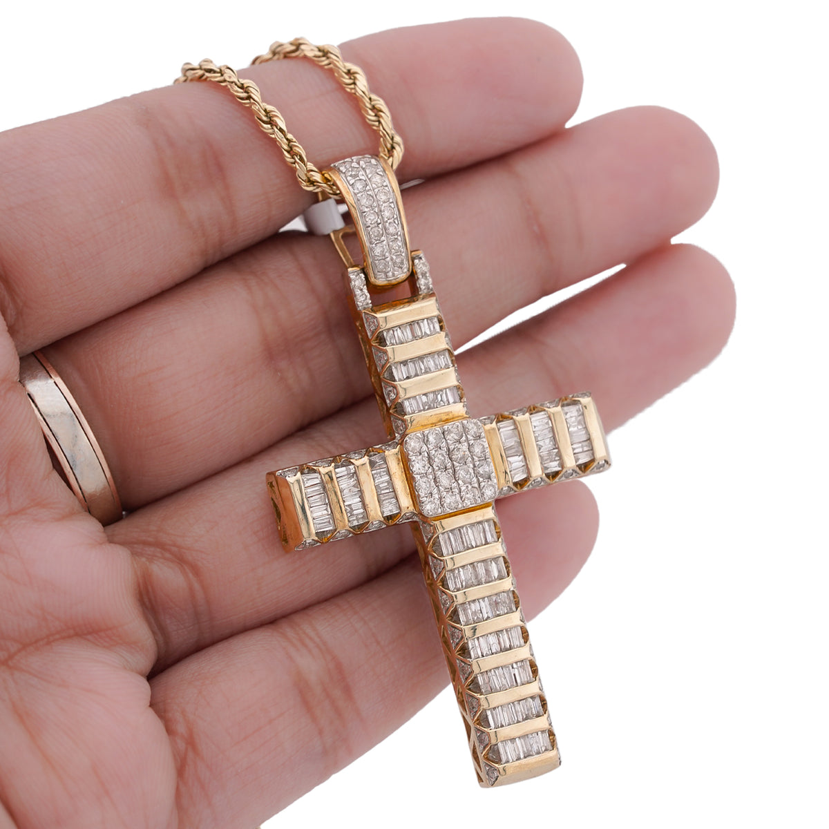 Cross Pendant 10K Yellow Gold 2ct Natural Diamond Round/Baguette Mens Womens Charm
