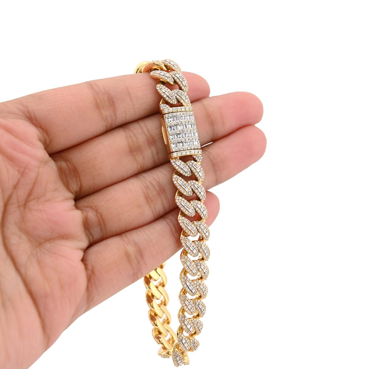 10K Yellow Gold 10MM Natural Diamond 5.47CT Round/Baguette Cuban Link Bracelet 8" Men 41.4g  — view 1
