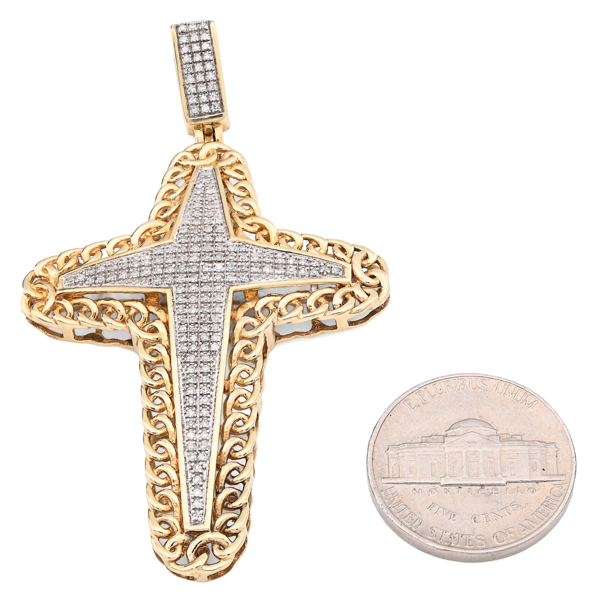 10K Yellow Gold 0.50Ct Natural Diamond Chain Link Edge Cross Religious Men Charm Women Pendant — view 7