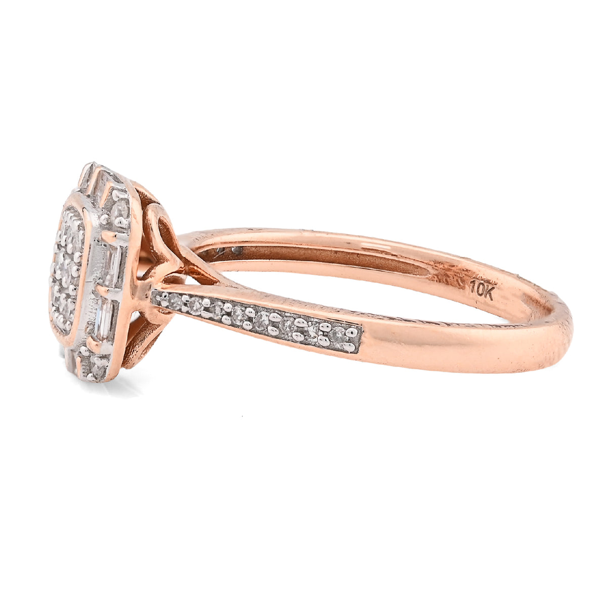 10K Rose Gold Women Square Natural Diamond 0.33CT Round/Baguette Ring — view 2