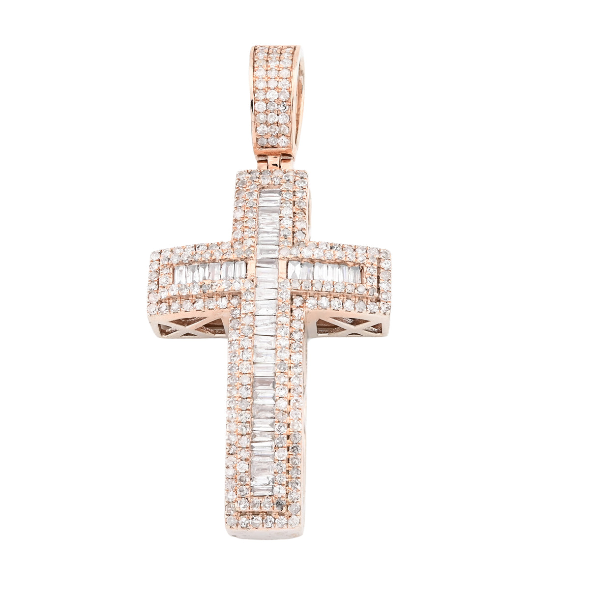 10K Rose Gold 2 CT Round & Baguette Natural Diamond Cross Religious Pendant 5.9 g Men Charm — view 9