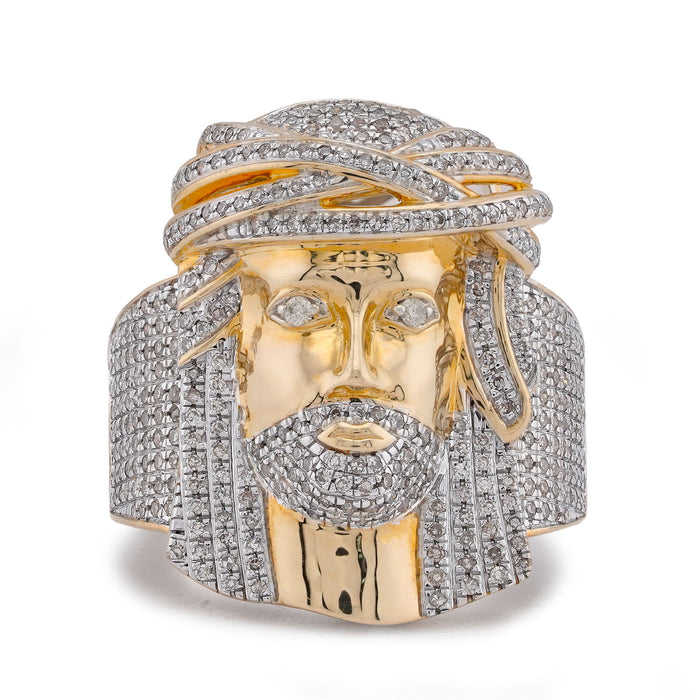 10K Yellow Gold 0.75CT Jesus Head Natural Diamond Men Pinky Ring — view 1