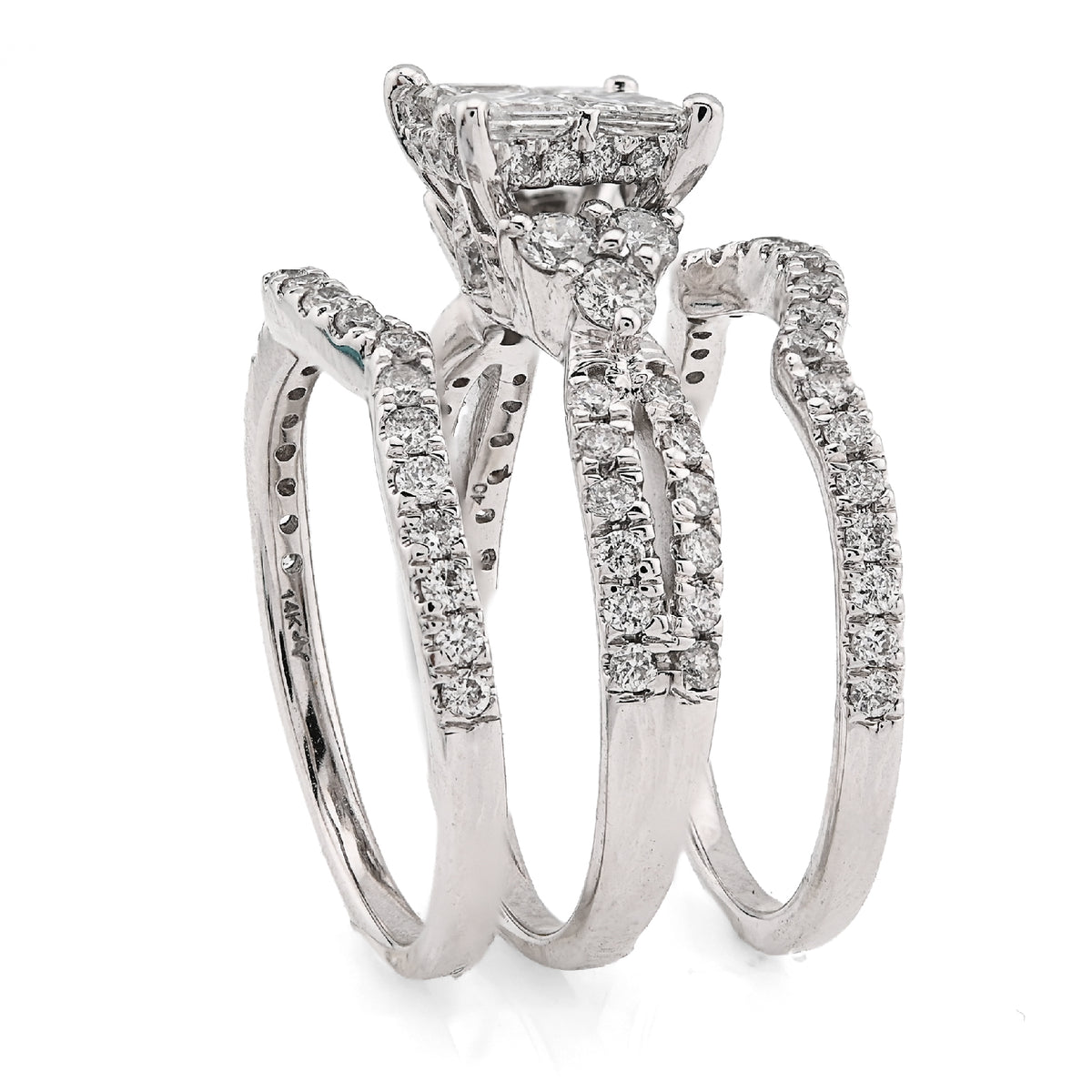 14K White Gold 1.50CT Natural Diamond Princess Cut/Round Square Shape Women 2 Band Wedding Ring — view 5