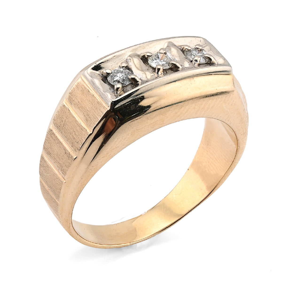 10K Yellow Gold 0.9CT 3 Diamond Solitaire Centre Men President's Ring — view 3