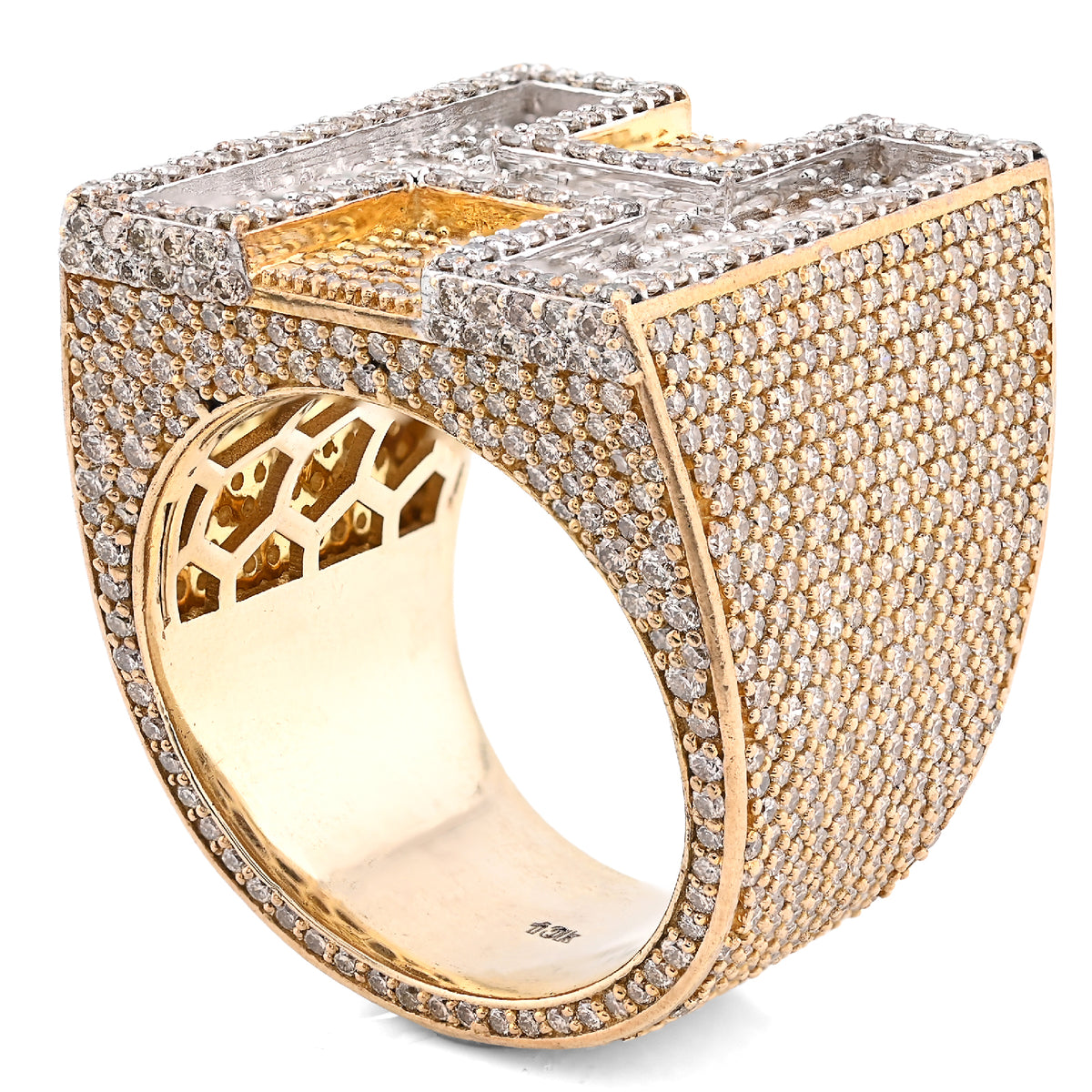 10K Yellow Gold 15.74CT Natural Diamond "H" Initial Men Ring 1.15" Wide 36.5g — view 7