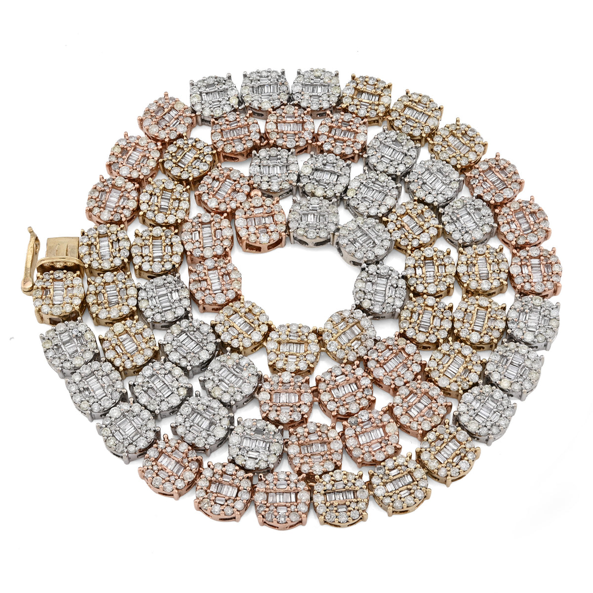 10K Yellow, White & Rose Gold 18.95 CT natural Diamond Round/Baguette 3 Tone Round Shape Tennis Chain — view 9