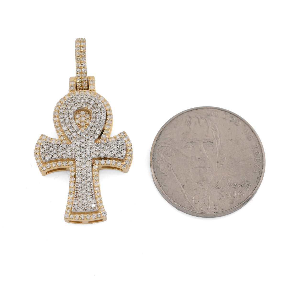 10K Yellow & White Gold 2 Tone 0.88CT Natural Diamond Egyptian Cross Pendant 1.4" Men Women Charm — view 3