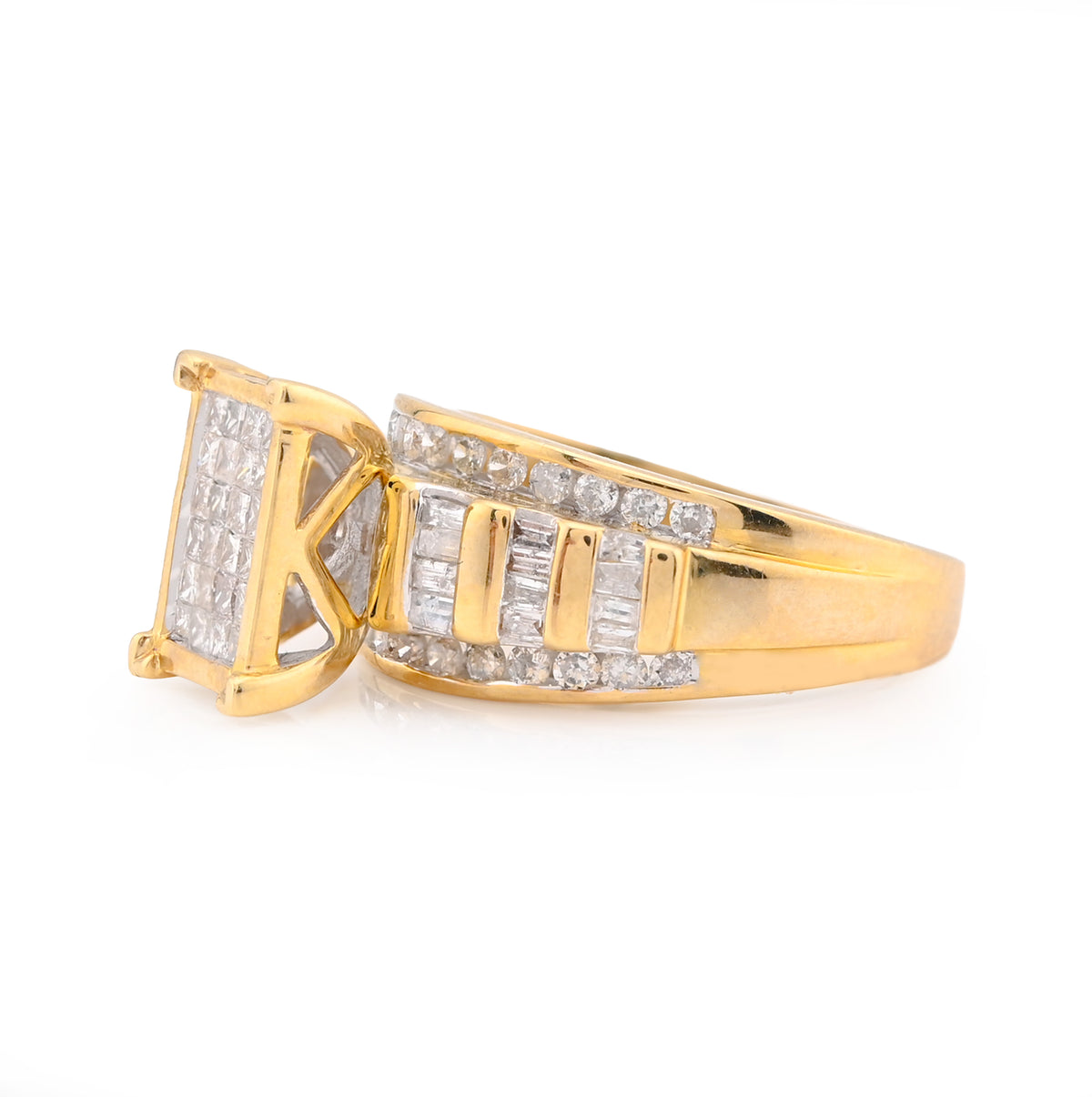 10K Yellow Gold 1.50CT Natural Diamond Rectangular Centre Round/Princess cut/Baguette Women Wedding Ring — view 4