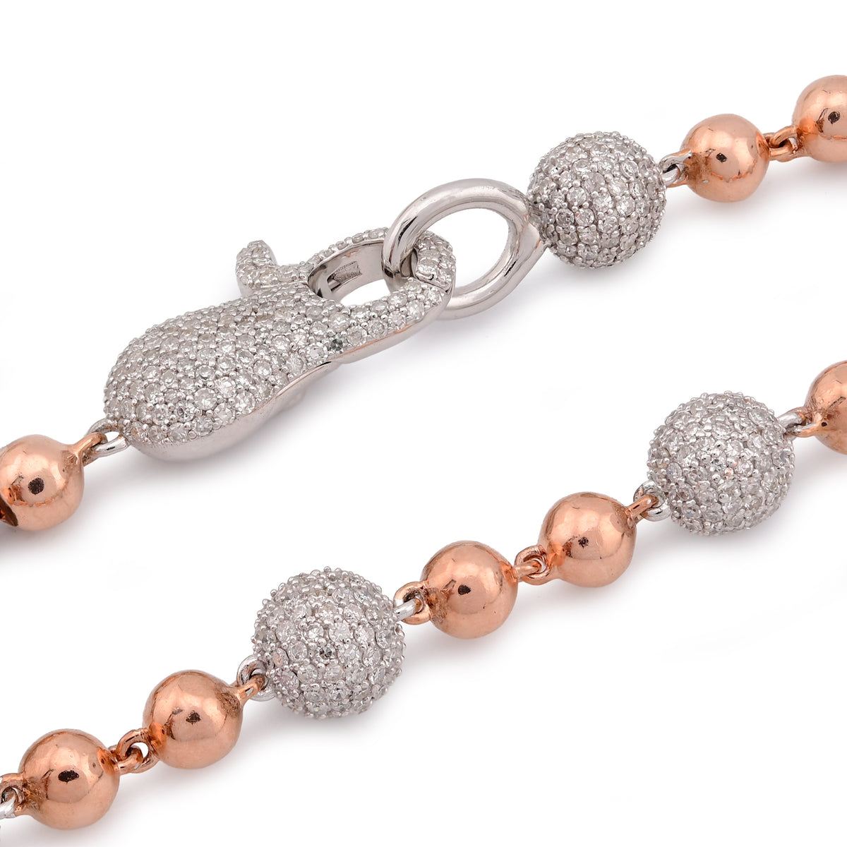 Bead Ball Chain Rose/White 10K Gold Natural Diamond 9.96CT 22" Necklace — view 3