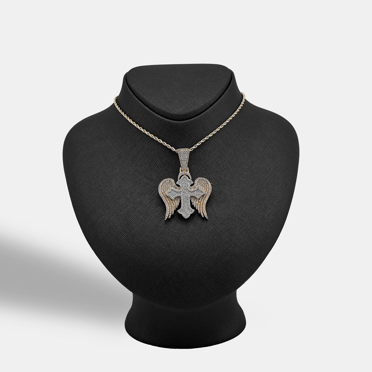 10K Yellow & WHite Gold 2 Tone 4.3CT Natural Diamond 3D angelic wing Cross 2.25" Men Women Charm — view 9