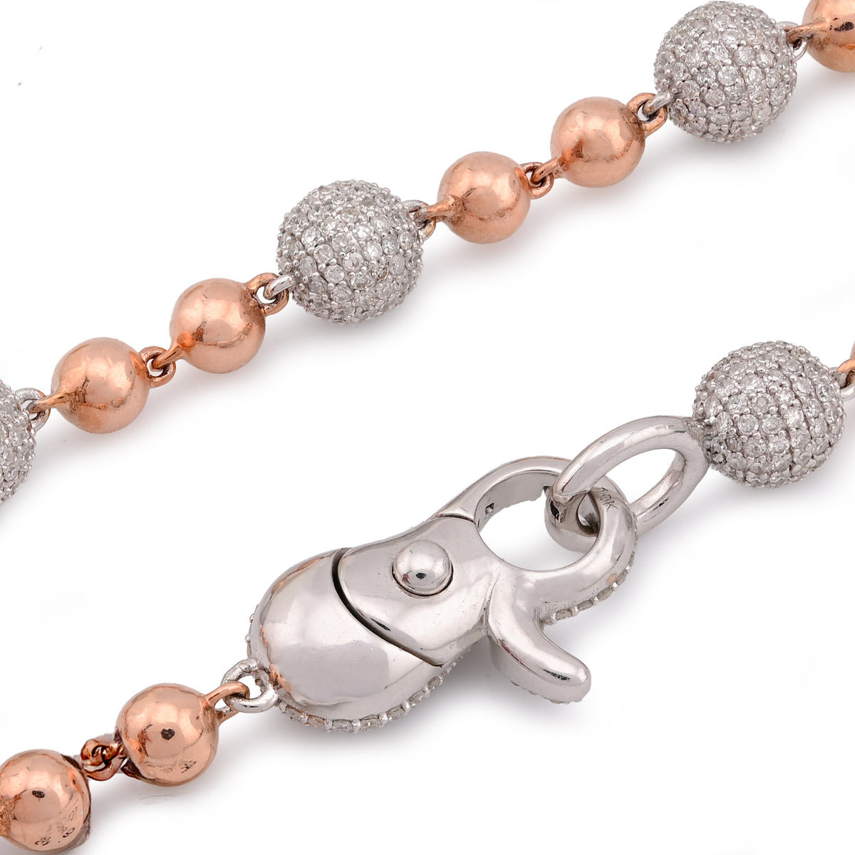 Bead Ball Chain Rose/White 10K Gold Natural Diamond 9.96CT 22" Necklace — view 4