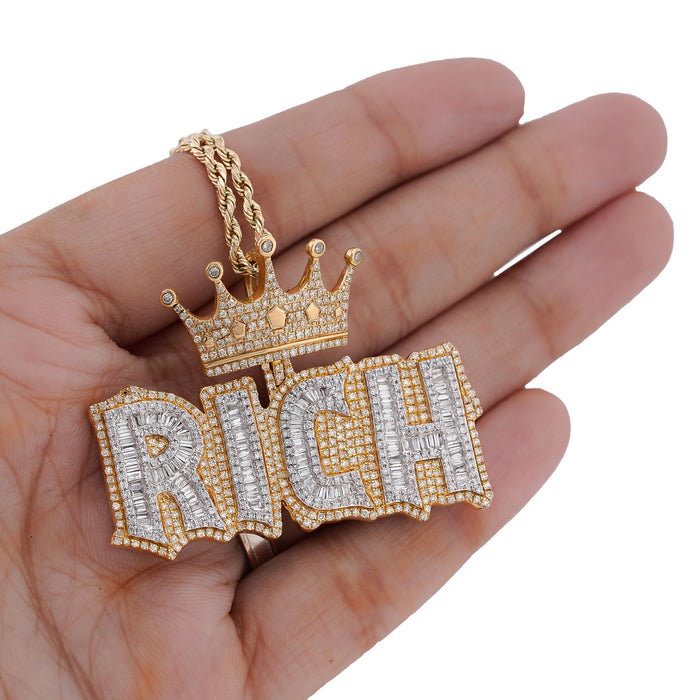 10K Yellow Gold RICH Crown Pendant 5CT Natural Diamond Men Women Charm — view 1