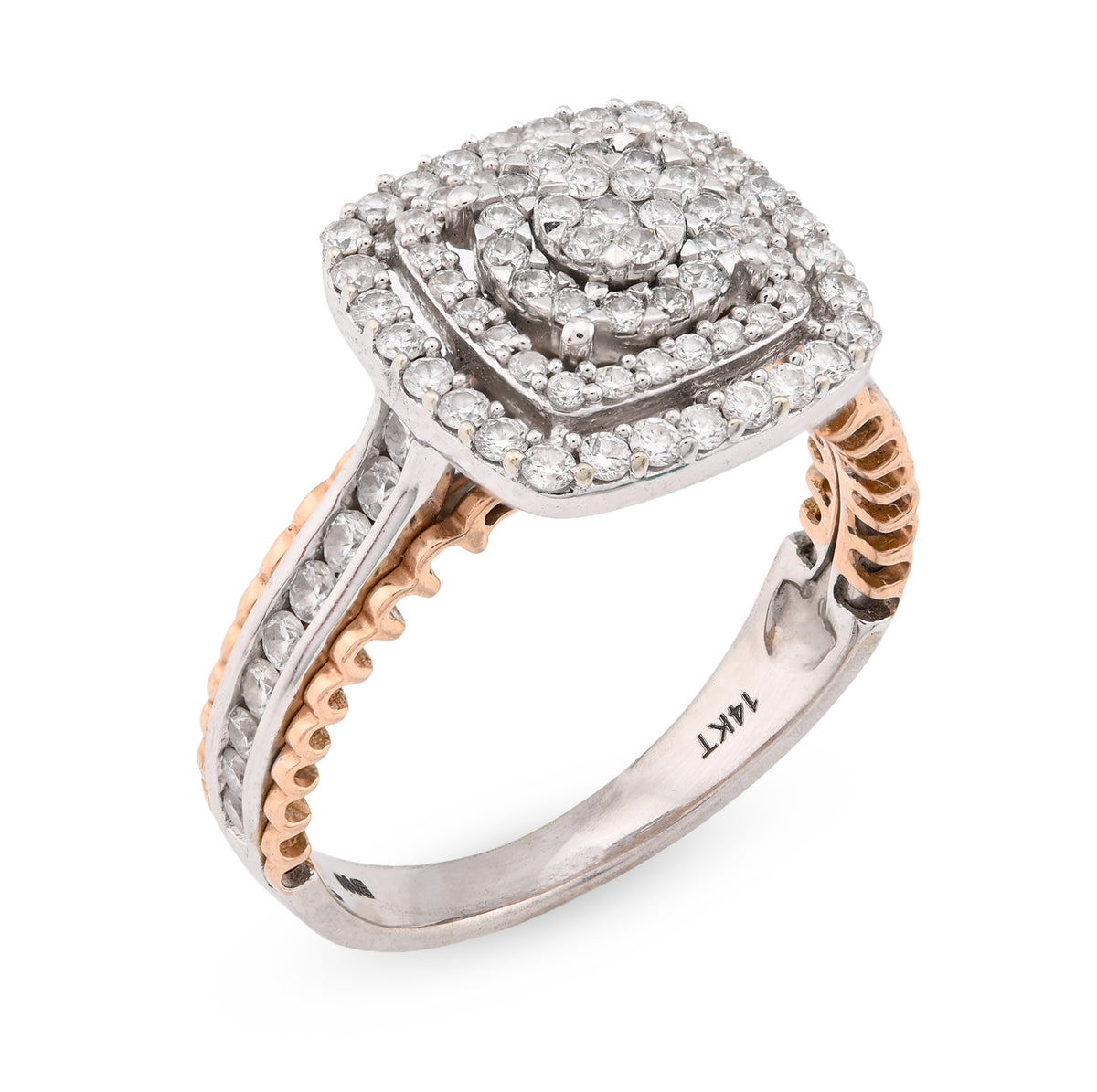14K Rose/White Gold 2.65CT Natural Diamond Square Shape Cluster Flower Women RIng — view 7