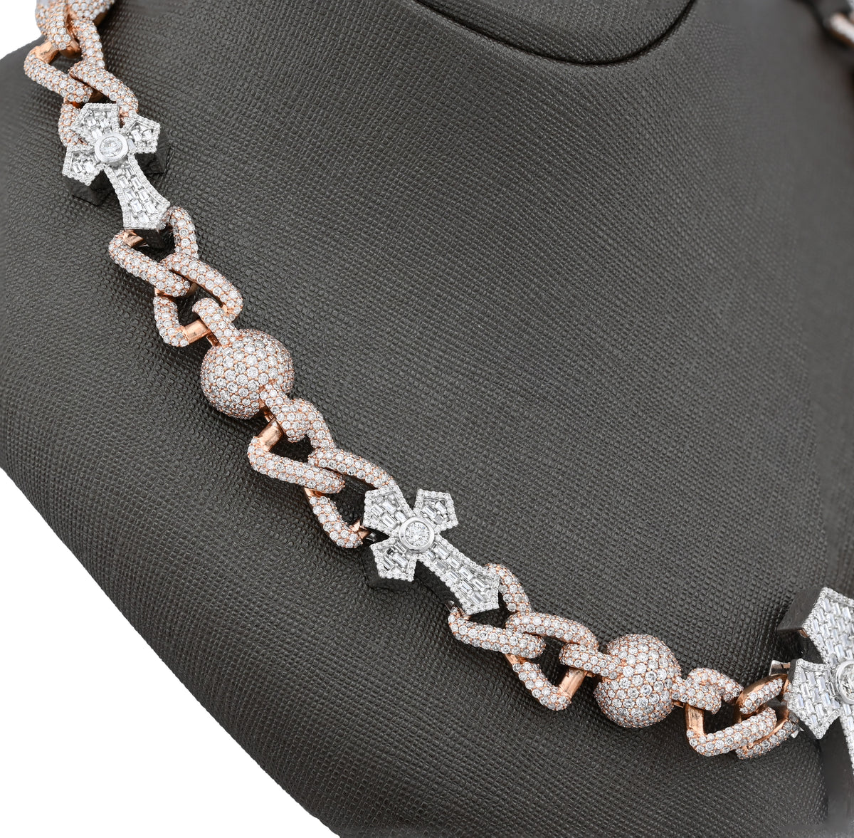 10K Rose/White Gold 2 Tone 28CT Natural Diamond ROund/Baguette Cross & Infinity Link Chain 22" Necklace — view 2