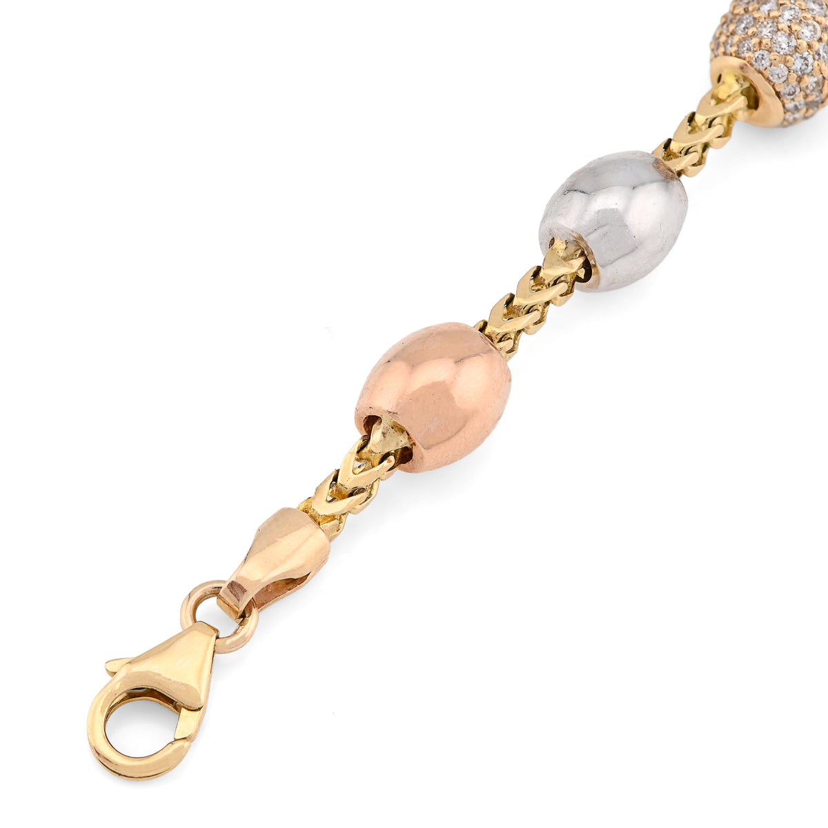 14K White/Yellow/Rose Gold 2.27CT Natural Diamond Round Bead Franco Link 41.4g Bracelet  — view 7