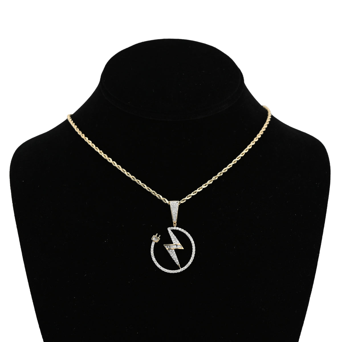 10K Yellow Gold 0.75CT Natural Diamond "Electric Plug" Shock sign Men Women 1.58" Pendant — view 1