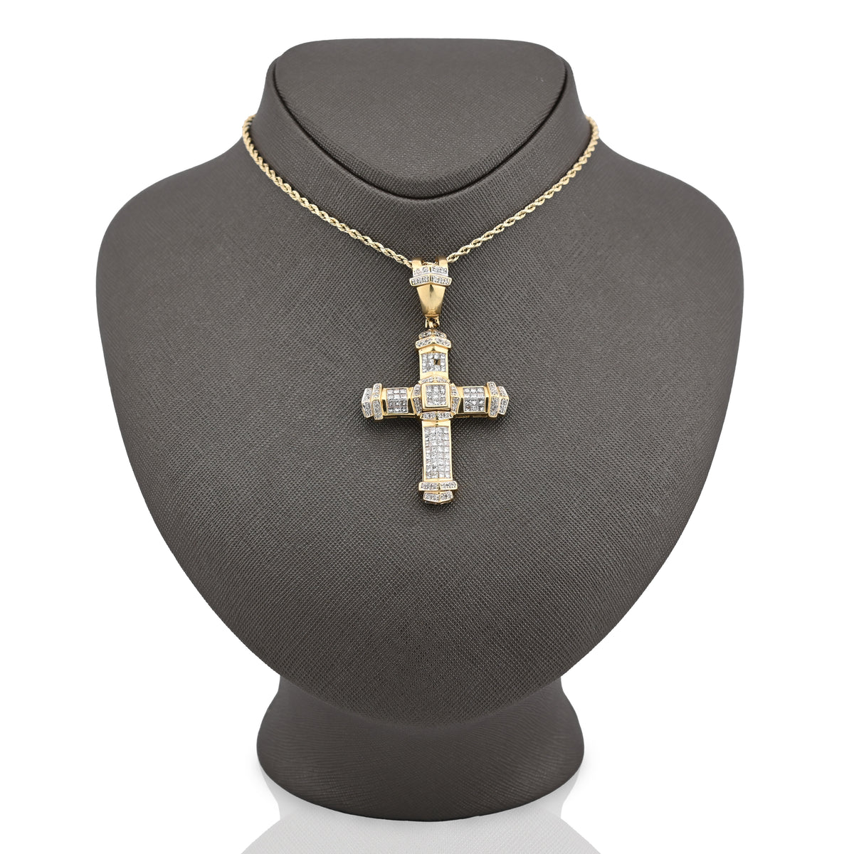 10K Yellow Gold Princess cut/Round 5CT Natural Diamond Religious Cross Pendant Men Women Charm — view 3