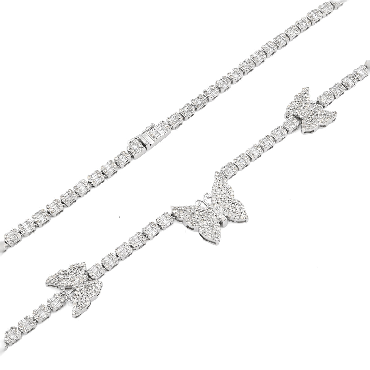 10K White Gold 5.48 CT Round & baguette Natural Diamond Butterfly Tennis Chain 18" Women Necklace 26.5 g — view 3