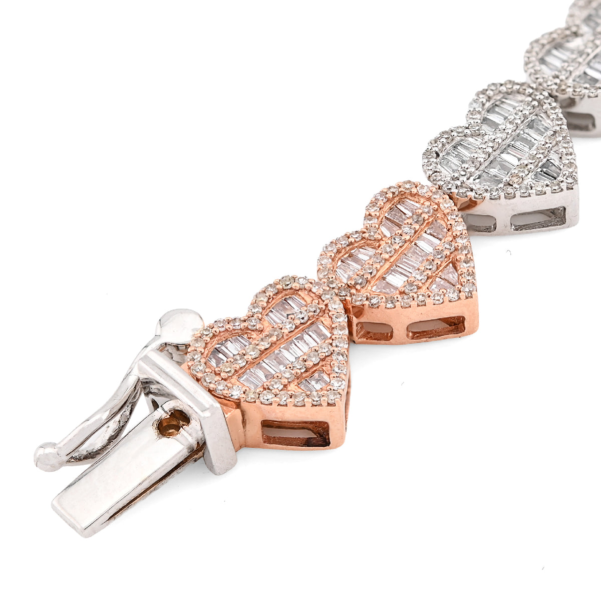 10K Rose & White Gold 2 Tone 2.72CT Round/Baguette Natural Diamond 7.5MM Tennis Heart Bracelet 7" 14.8g — view 6