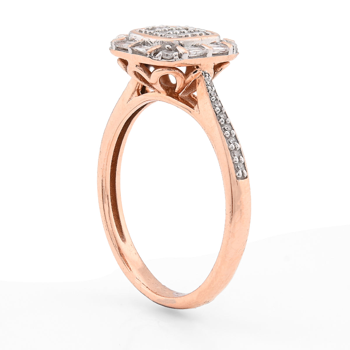 10K Rose Gold Women Square Natural Diamond 0.33CT Round/Baguette Ring — view 5