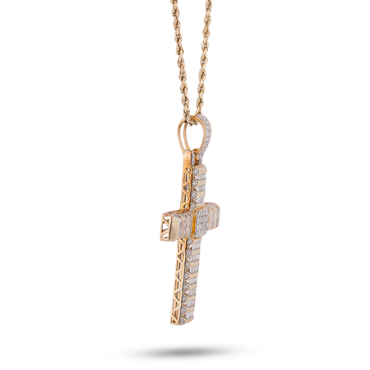 Cross Pendant 10K Yellow Gold 2ct Natural Diamond Round/Baguette Mens Womens Charm
