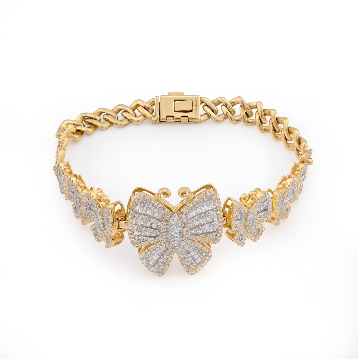 10K Yellow gold 3.45CT Natural Diamond Baguette/Round Butterfly and Cuban Link Bracelet Women 7" — view 1