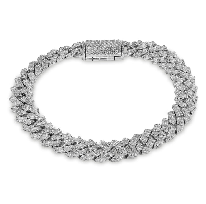 925 SS 6.19 CT Natural Diamond Round/Baguette 10MM Flat Cuban Link Bracelet 8" Men 29.6g — view 1