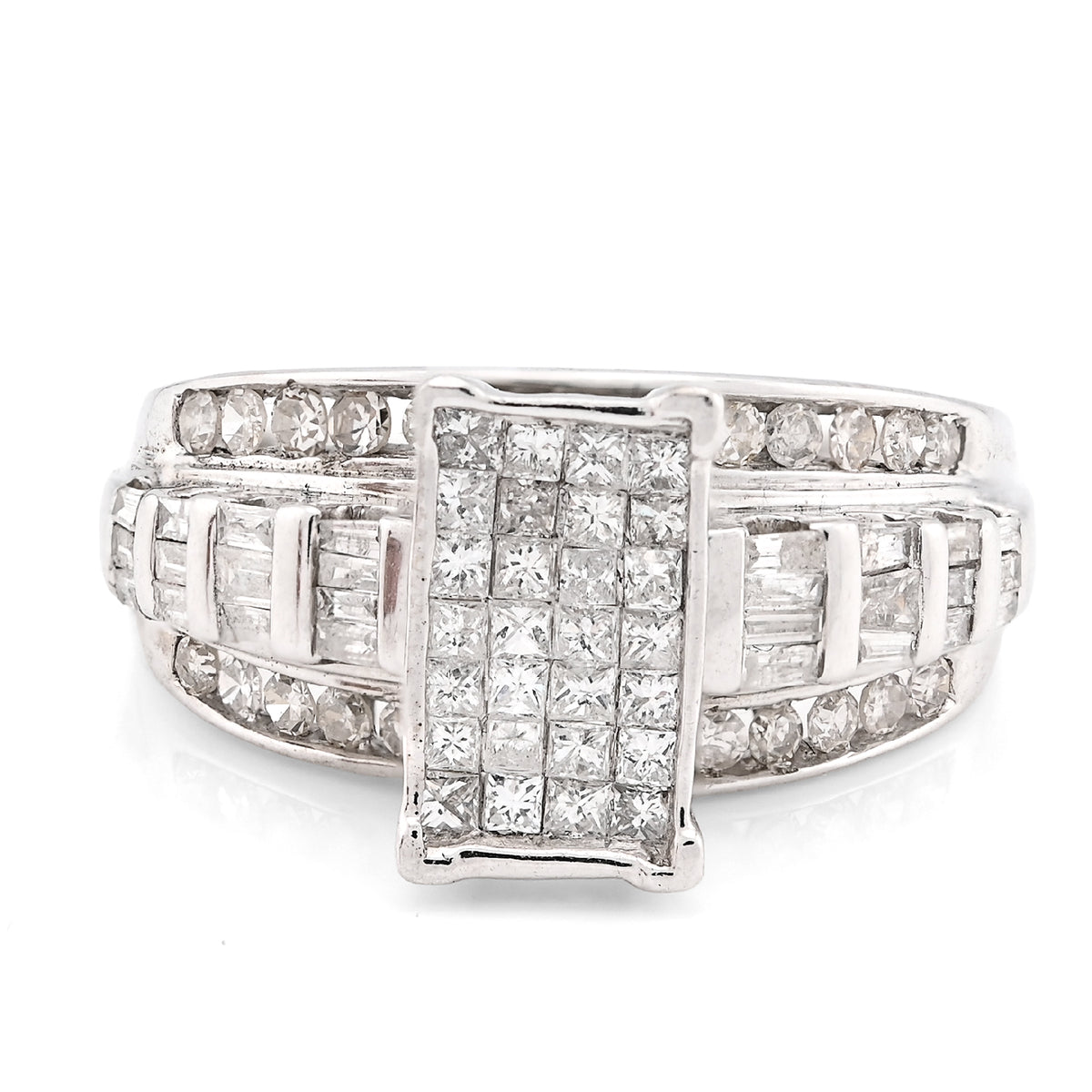 10K White Gold 1.0CT Natural Diamond Princess/Round/Baguette Rectangular Women Ring — view 1