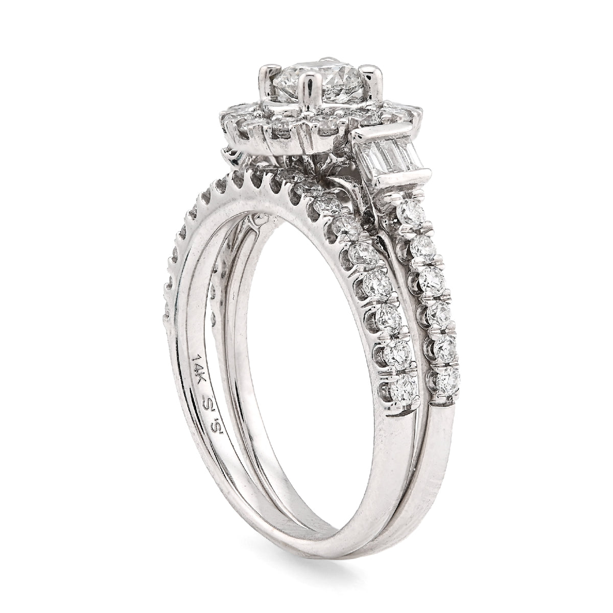 14K White Gold Solitaire/Baguette 1.50CT Natural Diamond Flower Women Wedding Ring — view 5