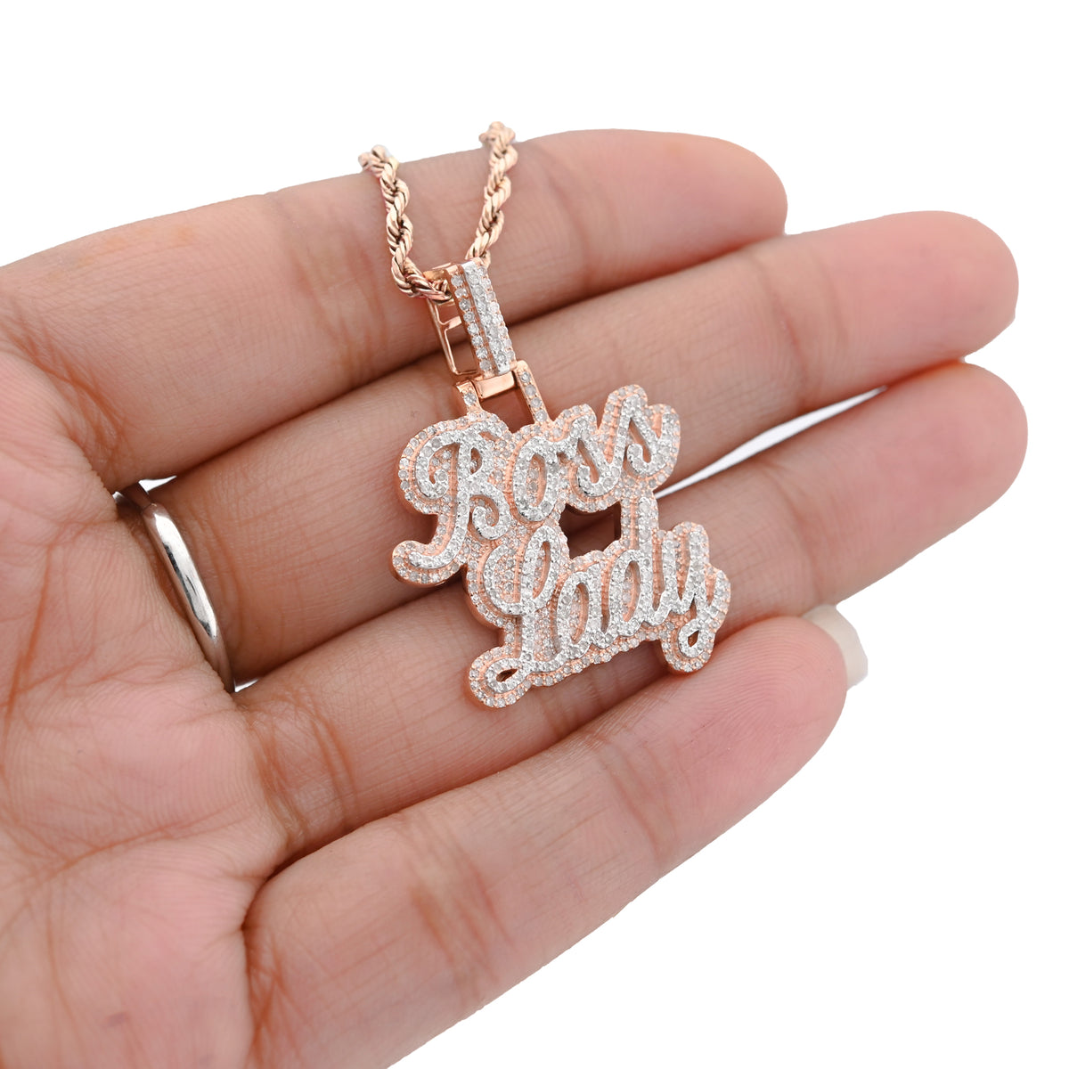 10K Rose Gold 1.12 CT Natural Diamond "BOSS LADY" Pendant Women 36 MM — view 10