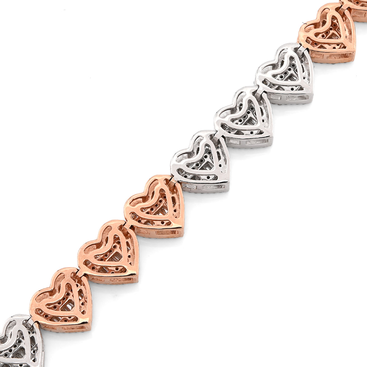 10K Rose & White Gold 2 Tone 2.72CT Round/Baguette Natural Diamond 7.5MM Tennis Heart Bracelet 7" 14.8g — view 3