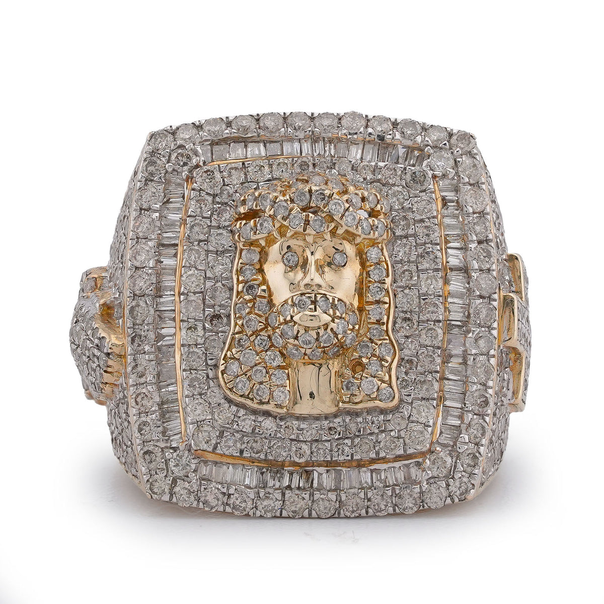 10K Yellow Gold Rectangular Shape Jesus Head w/ Cross Baguette Natural Diamond Men Pinky Ring — view 1