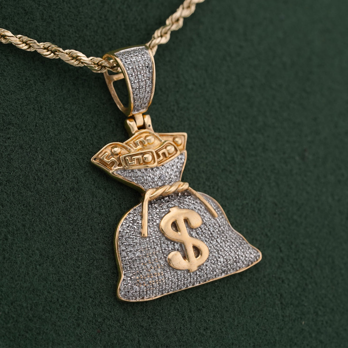 10K Yellow Gold Money Bag "$" Natural Diamond 1.5CT Men Women Charm Pendant — view 5