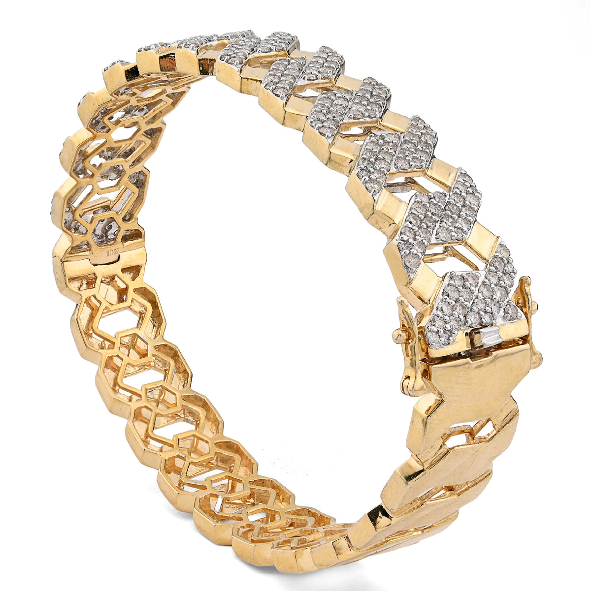 10K Yellow Gold 3.5CT Natural Diamond 2 Row Cuban Link Bangle Men 13MM Bracelet — view 4