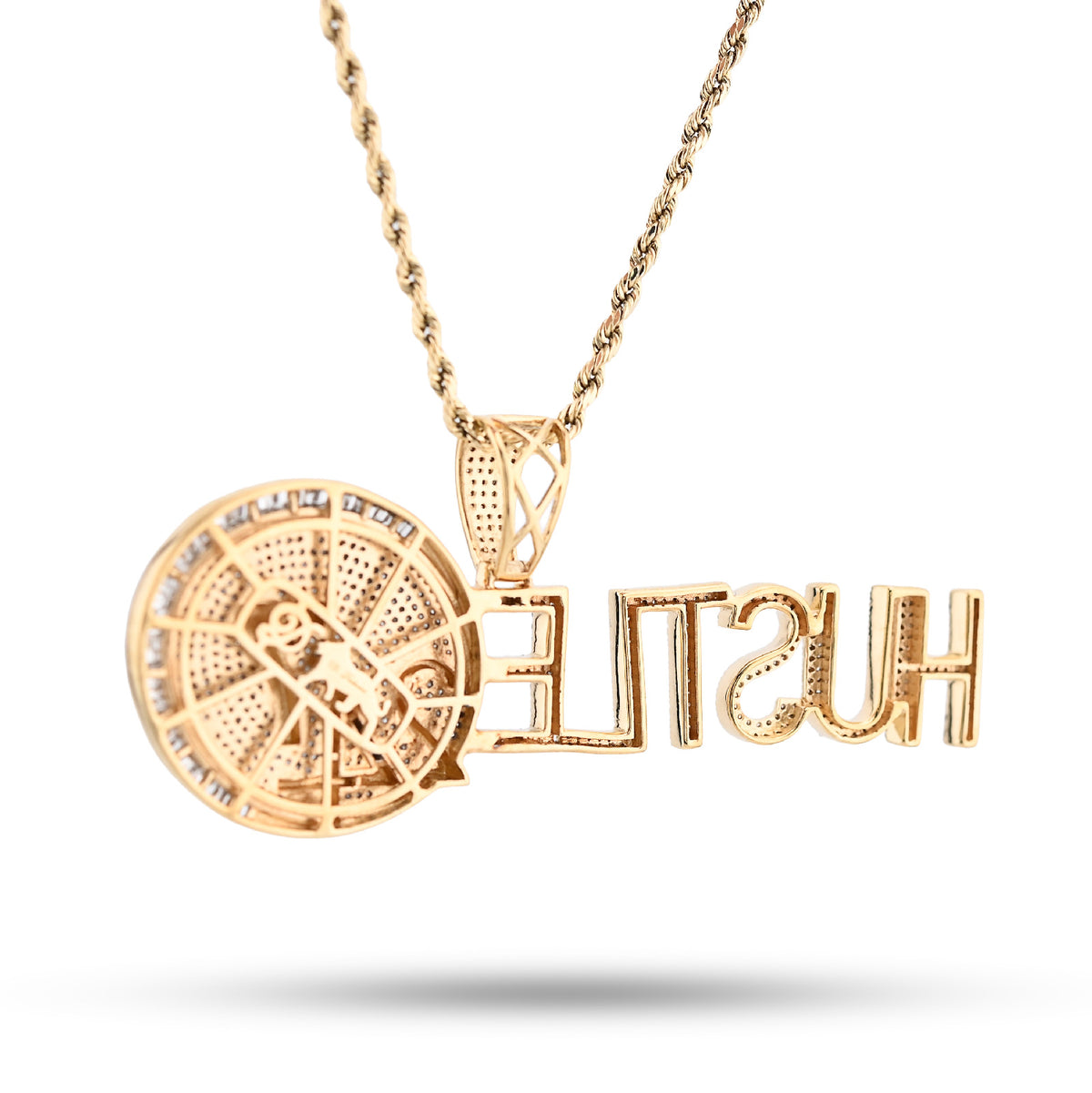 10K Yellow Gold 2CT Natural Baguette Diamond "HUSTLE 24/7" Custom Charm Men Pendant — view 7