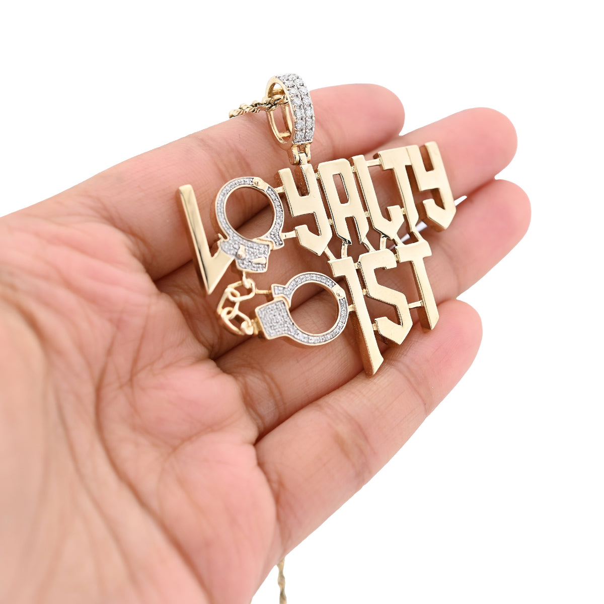 10K Yellow Gold 1Ct Natural Round Diamond "Loyalty First" Men Custom Charm 2" Pendant — view 5
