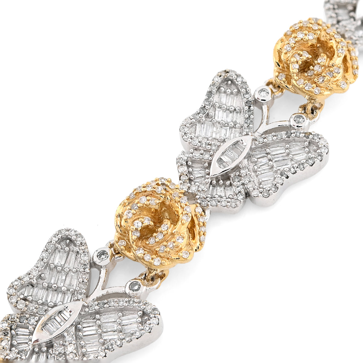 10K Yellow/White Gold 2.6CT Natural Diamond Baguette/Round Butterfly & Flower Link Women 7" Bracelet 26.7g — view 3