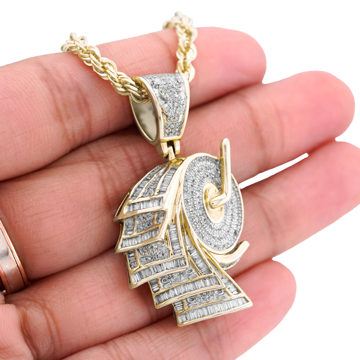 Roll Of Money Iced Out Charm Baguette/ Round 2ct Natural Diamond 10K Gold Men Women Pendant
