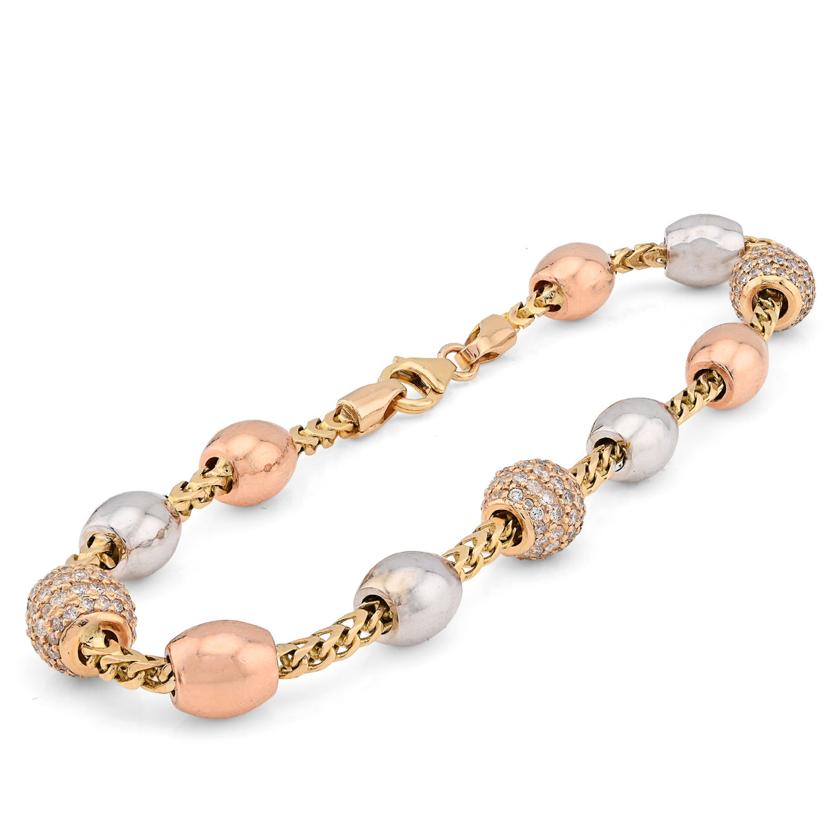 14K White/Yellow/Rose Gold 2.27CT Natural Diamond Round Bead Franco Link 41.4g Bracelet  — view 2