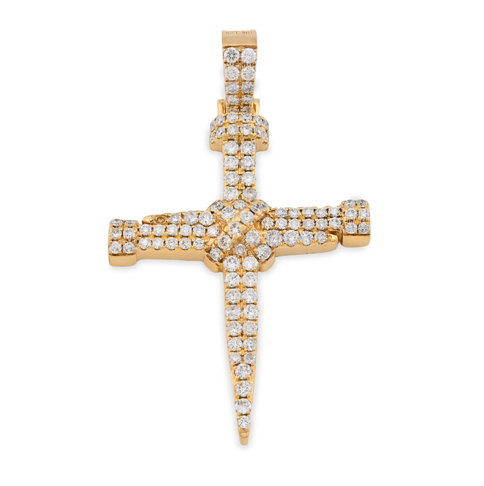 10K Yellow Gold 1.5CT Nail Cross Pendant Natural Diamond Men Women Charm 49.5MM — view 1