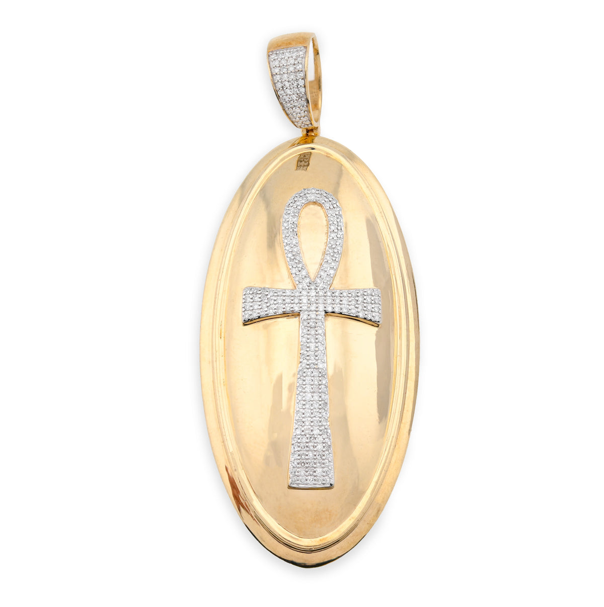10K Yellow Gold 0.65CT Natural Diamond Oval Ankh Cross Pendant Men Women Religious Charm — view 1