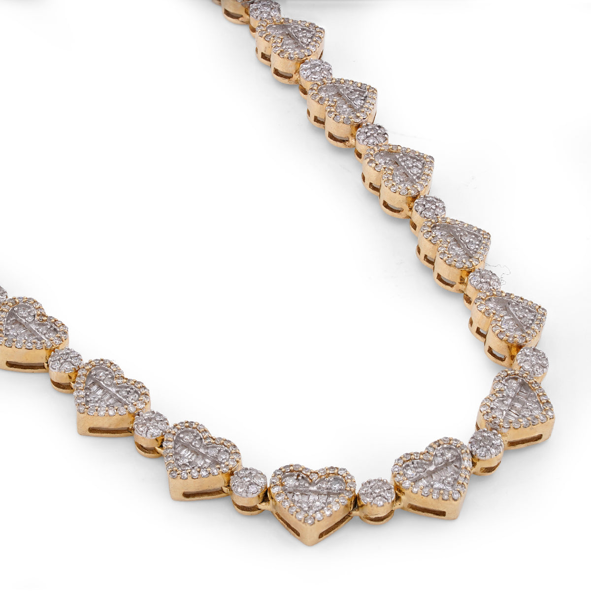 10K Yellow Gold Heart Shape Link Baguette 6.10CT Natural Diamond Women Tennis Chain 18" Necklace — view 5