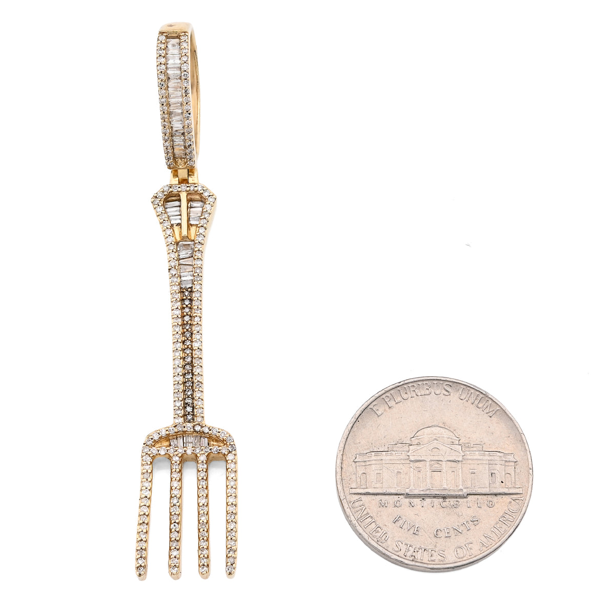 10K Yellow Gold 0.70Ct Natural Diamond Round/Baguette Fork Pendant 2.5" Men Women Pendant 7.8G — view 7